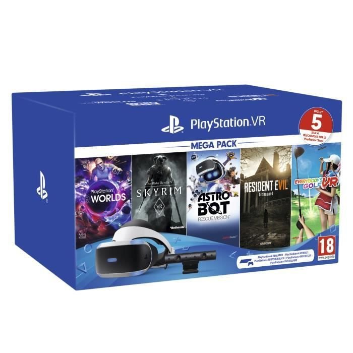 MégaPack PSVR MK4 2 : Casque PSVR V2 + PS Camera V2 + VR Worlds + Skyrim + Everybody&rsquo;s Golf VR + Resident Evil 7 + Astro Bot