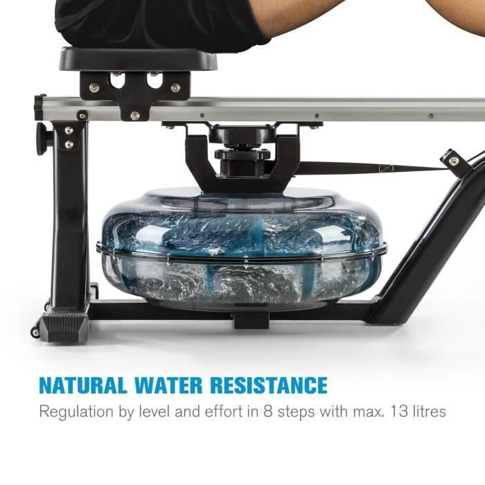 CAPITAL SPORTS Flow M1 Rameur à eau – Réglage sur 8 niveaux – Roulettes – Ecran LCD – Charge 150kg – Acier noir