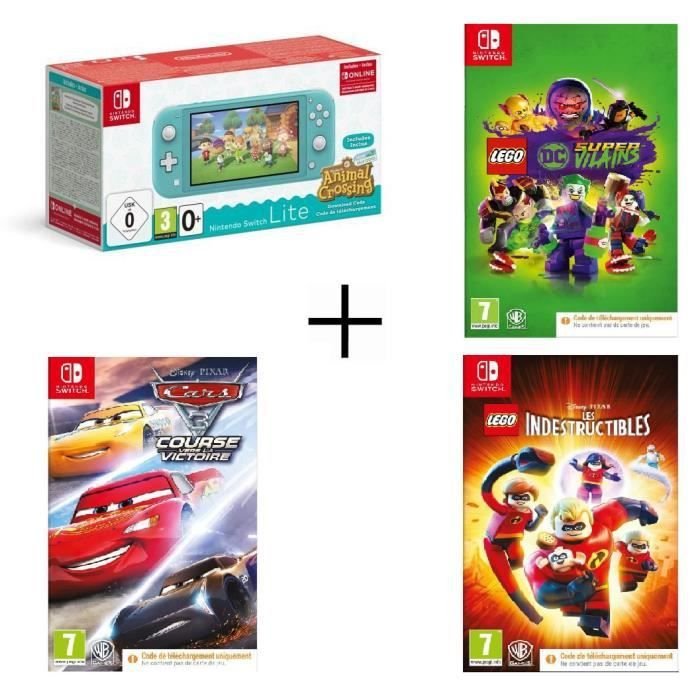 Switch Lit Turquoise Animal Crossing + CARS 3 + Lego DC Super-Vilains Jeu Switch + Indestructibles Code de téléchargement