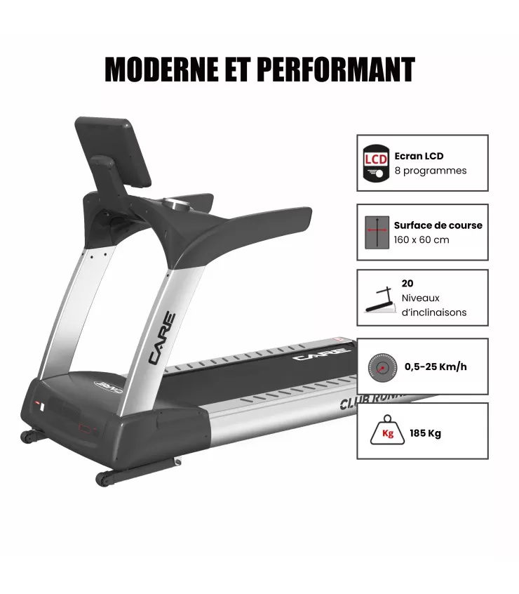 Tapis de course professionnel – 25km/h – CARE – CLUB RUNNER écran TFT